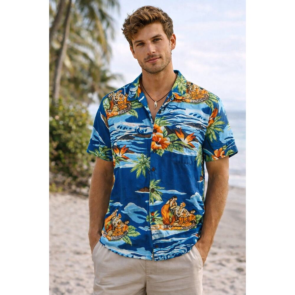Two Paddles Hawaiian Shirt Mens Medium Tropical Aloha Beach Island Camp Blue